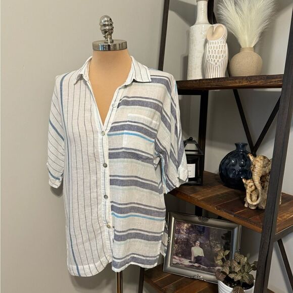 Rails Finley Shirt Mixed Agean Blue Stripe Linen Blend Women’s SIZE SMALL - Picture 4 of 14